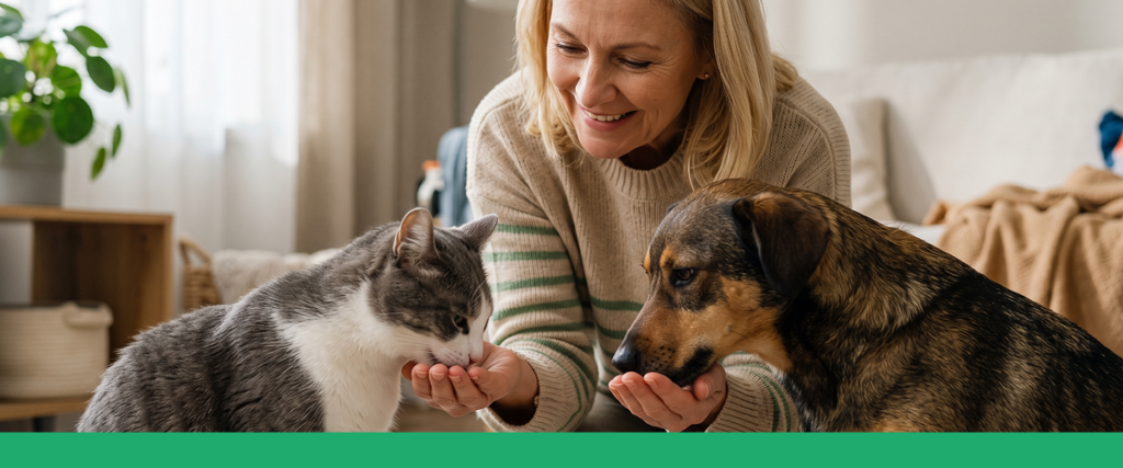 Mulher sorridente alimenta um gato cinza e branco e um cachorro marrom com as mãos, em uma sala de estar iluminada e aconchegante.