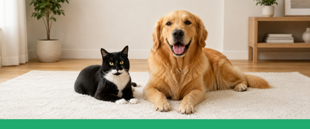 Cachorro e gato deitados em uma sala.