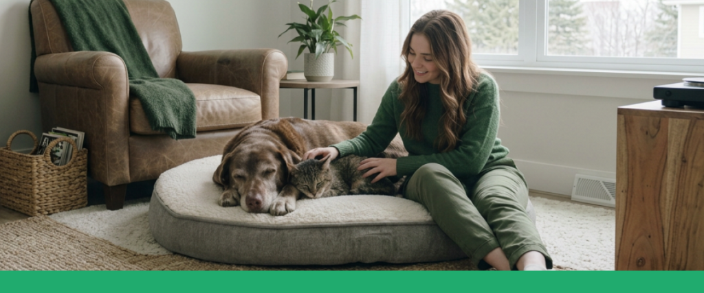 Mulher sentada no chão de uma sala aconchegante, acariciando um cachorro e um gato que descansam juntos em uma cama para pets.